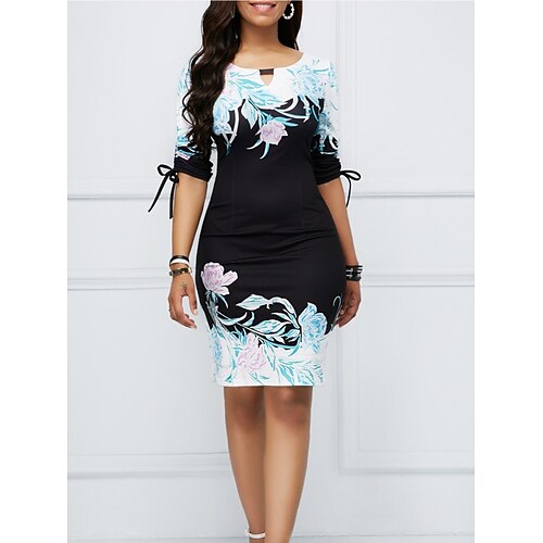 

Women's Cocktail Dress Shift Dress Midi Dress Black Half Sleeve Floral Print Winter Fall Autumn Crew Neck Mature Fall Dress 2022 S M L XL 2XL 3XL 4XL 5XL