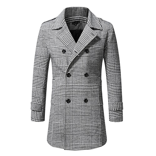 

Men's Casual Overcoat Long Tailored Fit Checkered Double Breasted Six-buttons Brown Grey 2022 / Winter