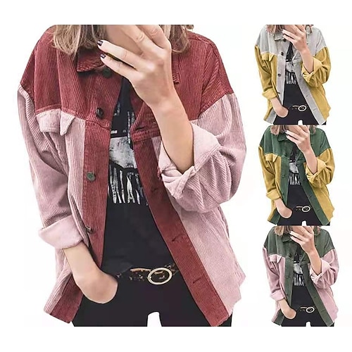

Women's Blouse Button Front Corduroy Color Block Regular Spring & Fall Grayish yellow Green pink Red pink greenish yellow