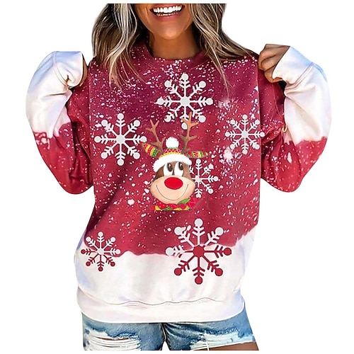 

Women's Sweatshirt Pullover Streetwear Christmas Red deer gray deer Grey Cherry Clever Deer Graphic Christmas Round Neck Long Sleeve S M L XL 2XL 3XL