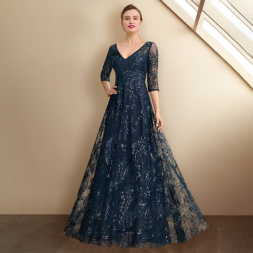 

A-Line Mother of the Bride Dress Elegant Sparkle & Shine V Neck Floor Length Chiffon Lace Sequined 3/4 Length Sleeve with Sequin Appliques 2022