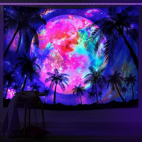 

Landscape Blacklight UV Reactive Wall Tapestry Art Decor Tropical Blanket Curtain Picnic Tablecloth Hanging Home Bedroom Living Room Dorm Decoration Polyester