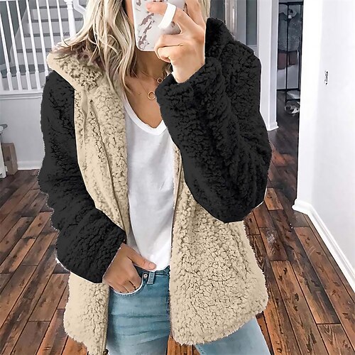 

Women's Sherpa jacket Fleece Jacket Teddy Coat Windproof Warm Outdoor Street Daily Vacation Patchwork Zipper Zipper Hoodie Fashion Modern Street Style Color Block Regular Fit Outerwear Long Sleeve
