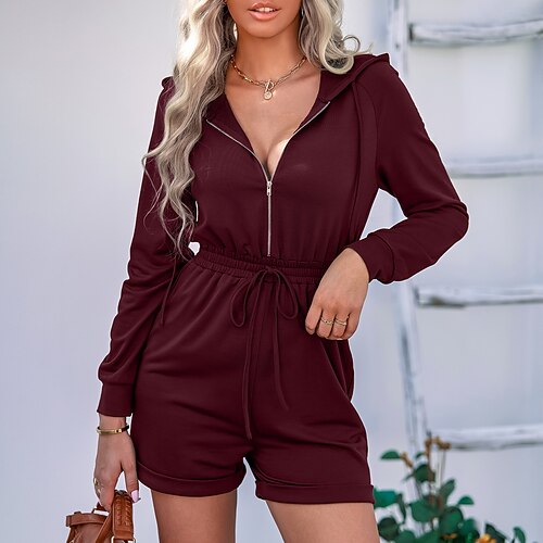 

Women's Romper Zipper Drawstring Solid Color Hooded Casual Daily Slim Long Sleeve Wine Army Green Black S M L Winter