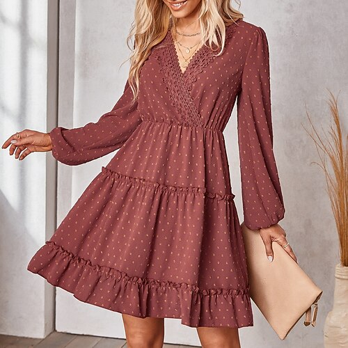 

Women's Casual Dress Pink Army Green Light Brown Long Sleeve Embroidery Embroidered Winter Fall V Neck Casual Fall Dress Lantern Sleeve Slim 2022 S M L XL / Winter Dress