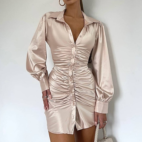 

Women's Shirt Dress Satin Dress Khaki Orange Long Sleeve Pure Color Ruched Winter Fall Autumn Shirt Collar Hot Winter Dress Birthday Fall Dress Slim 2022 S M L XL