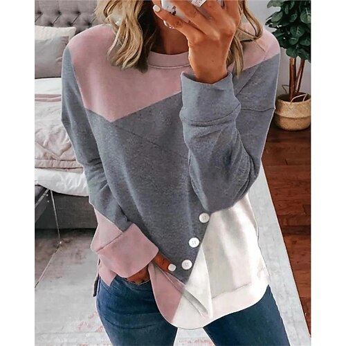 

Women's Hoodie Button Color Block Basic Round Neck Standard Winter Pink