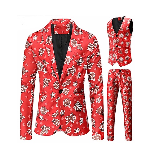 

Red Men's Christmas Suits 3 Piece Patterned Standard Fit Single Breasted One-button 2022