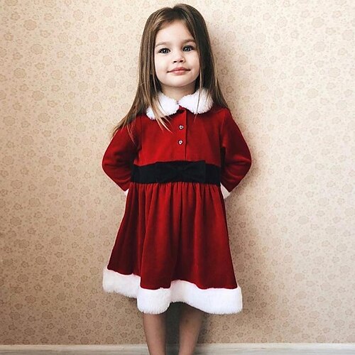 

Kids Girls' Christmas Dress Solid Color A Line Dress Dress Christmas Gifts Cotton Long Sleeve Cute Dress 3-7 Years Winter Red