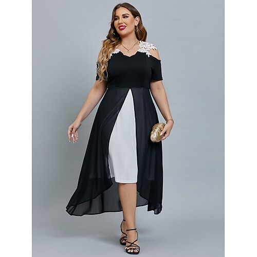 

Women's Plus Size Curve Party Dress Color Block V Neck Mesh Half Sleeve Fall Spring Elegant Midi Dress Party Date Dress / Black Dress