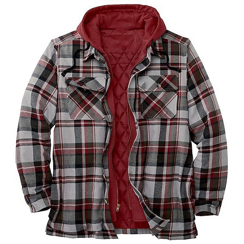 

Men's Coat Fleece Lining With Pockets Daily Wear Vacation Going out Single Breasted Hoodie Streetwear Casual Daily Outdoor Jacket Outerwear Plaid Pocket Fleece Print Red