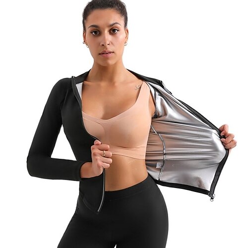 

Women's Stand Collar Sauna Jacket Yoga Top Winter Zipper Shiny Metallic Solid Color Black Yoga Fitness Gym Workout Top Long Sleeve Sport Activewear Breathable Moisture Wicking Comfortable Stretchy