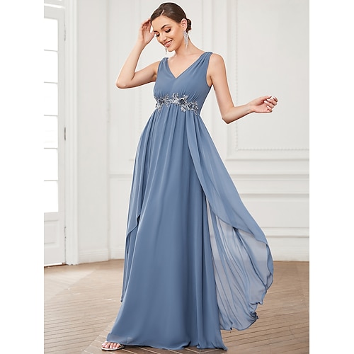 

A-Line Prom Dresses Minimalist Dress Party Wear Floor Length Sleeveless V Neck Chiffon with Appliques 2022