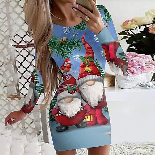 

Women's Christmas Casual Dress Bodycon Short Mini Dress Green Blue Red Light Blue Black Long Sleeve Polka Dot Santa Claus Elk Print Fall Winter Crew Neck Casual Sexy 2022 S M L XL XXL