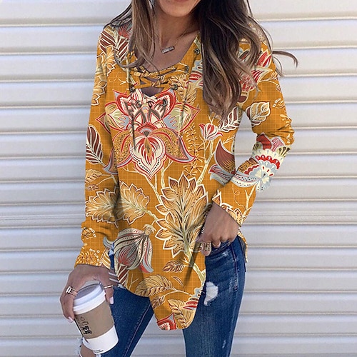 

Women's Sweatshirt Pullover Streetwear Orange Floral Street V Neck Long Sleeve S M L XL 2XL