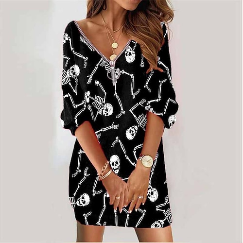 

Women's Sweatshirt Dress Winter Dress Black Long Sleeve Zipper Print Winter Fall V Neck Vacation Casual Fall Dress Loose Fit 2022 S M L XL XXL 3XL / Halloween / Skull