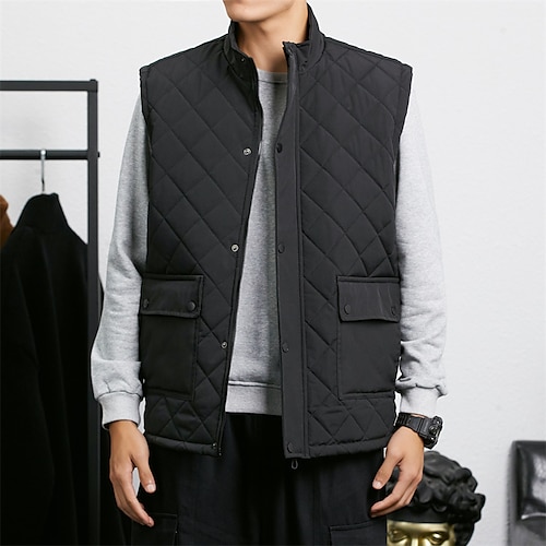 

Men's Puffer Vest Windproof Daily Wear Casual Daily Stripes and Plaid Outerwear Clothing Apparel Casual Daily Traditional / Classic Black