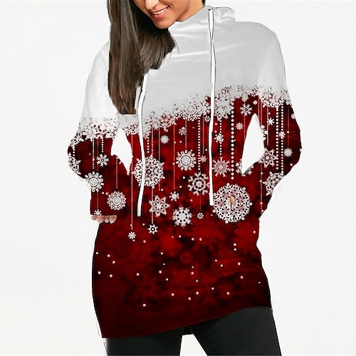

Women's Christmas Hoodie Dress Winter Dress Mini Dress Wine Long Sleeve Plaid Snowflake Pocket Print Winter Fall Hooded Vacation Casual 2022 S M L XL XXL 3XL
