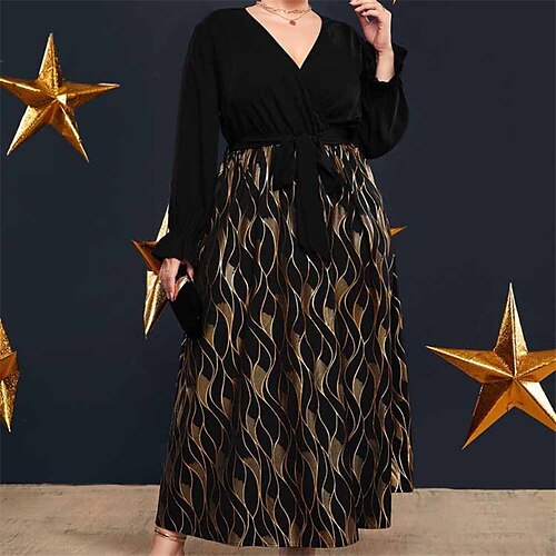 

Women's Plus Size A Line Dress Graphic V Neck Long Sleeve Winter Fall Stylish Elegant Maxi long Dress Formal Date Dress / Cotton