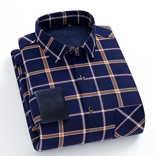 

Men's Fleece Shirt Dress Shirt Plaid Striped Turndown Blue Yellow Wine Red Navy Blue 3D Print Outdoor Work Long Sleeve Button-Down Clothing Apparel Fashion Business Comfortable / Winter / Winter