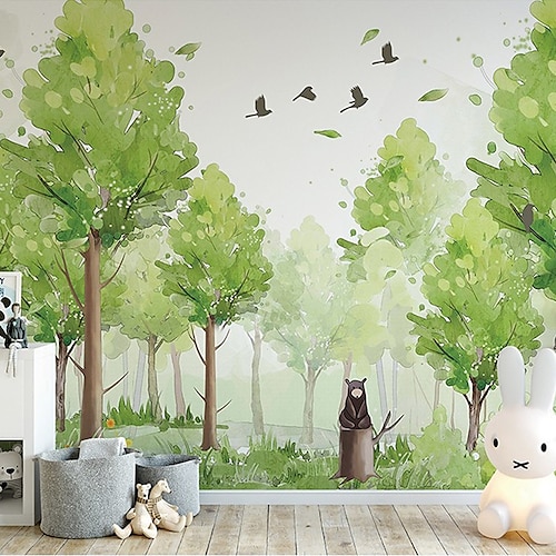 

Modern Simple Small Fresh Wallpaper Pastoral Hand-Painted Forest Mural Kindergarten Children's Room Background Wallpaper 3d Wallpaper Non Self Adhesive/Self Adhesive