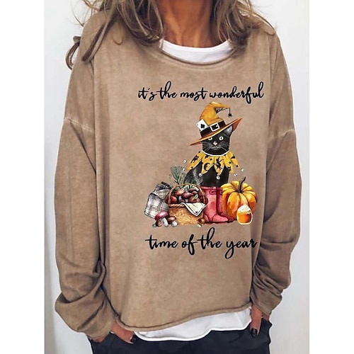 

Women's Sweatshirt Pullover Basic Light Blue Olive Green Camel Cat Street Round Neck Long Sleeve S M L XL 2XL 3XL