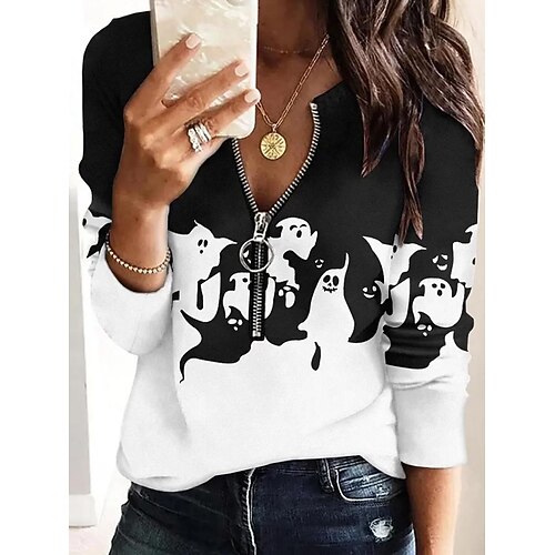 

Women's Sweatshirt Pullover Active Streetwear Zipper White Graphic Street V Neck Long Sleeve S M L XL 2XL 3XL