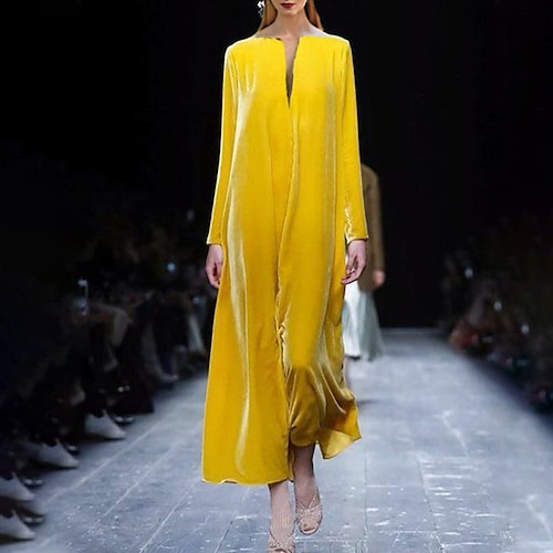 

Women's Party Dress Velvet Dress Long Dress Maxi Dress Yellow Long Sleeve Pure Color Ruched Velvet Winter Fall Turtleneck Stylish Modern Party Fall Dress 2022 S M L XL XXL 3XL / Winter Dress