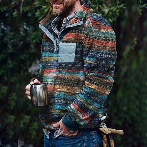 

Men's Sweatshirt Fuzzy Sherpa Pullover Green Blue Khaki Red Brown Standing Collar Graphic Geometric Print Sports & Outdoor Streetwear Casual Big and Tall Essential Winter Fall Clothing Apparel Hoodies