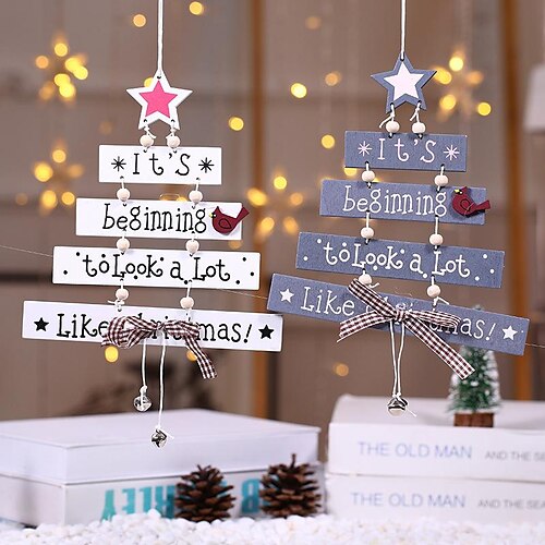 

new christmas wooden christmas tree christmas door hanging decoration wind chime letter card pendant christmas bell hanging