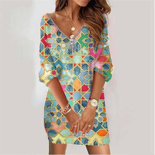 

Women's Sweatshirt Dress Winter Dress Green Long Sleeve Geometric Color Block Zipper Print Winter Fall V Neck Vacation Casual Fall Dress Loose Fit 2022 S M L XL XXL 3XL