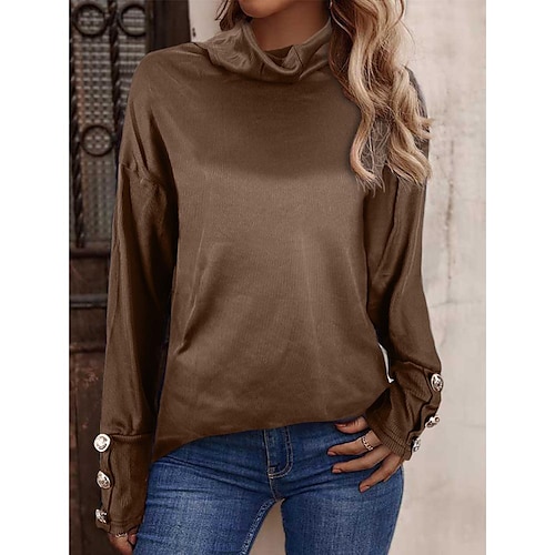

Women's Shirt dark brown Wine Red Purple Plain Long Sleeve Casual Work Streetwear High Neck Regular S