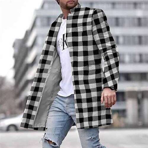 

Men's Coat With Pockets Daily Wear Vacation Going out Single Breasted Turndown Streetwear Sport Casual Jacket Outerwear Plaid Front Pocket Button-Down Print Black