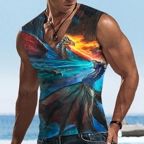 

Men's Undershirt Animal Dragon Graphic Prints V Neck Blue 3D Print Street Daily Sleeveless Print Clothing Apparel Basic Casual Classic Big and Tall / Summer