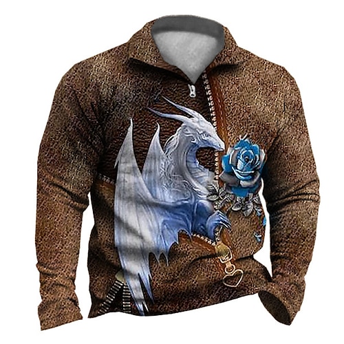 

Men's Zip Up Sweatshirt Pullover Quarter Zipper Sweatshirt Brown Half Zip Dragon Rose Graphic Prints Zipper Print Daily Sports 3D Print Designer Casual Big and Tall Spring & Fall Clothing Apparel