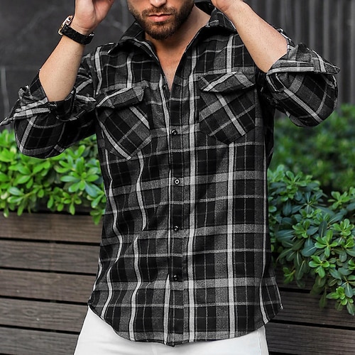 

Men's Shirt Overshirt Shirt Jacket Plaid Check Turndown Black Long Sleeve Street Daily Button-Down Tops Basic Fashion Casual Comfortable