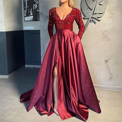 

vestido de festa feminino vestido de lantejoulas vestido de cetim vestido longo maxi vestido preto rosa vinho manga longa lantejoulas de cor pura inverno outono outono profundo v elegante vestido de