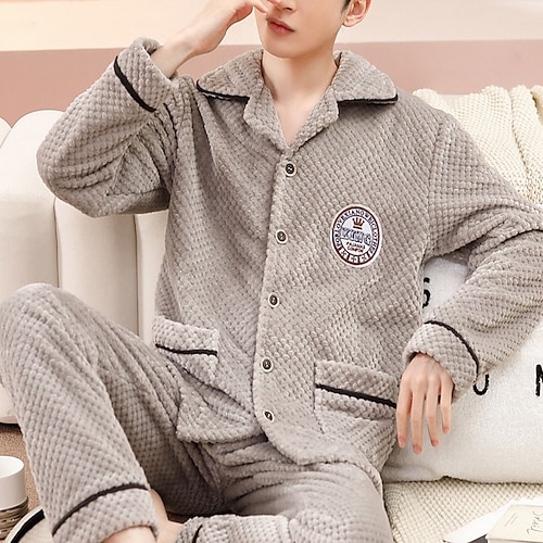 

Per uomo Pigiami loungewear Completi Colore puro Essenziale Di tendenza Comoda Interni Pile corallo velluto corallo Caldo Bavero Manica lunga Pantalone Pulsante Tasche Inverno Autunno azzurro cielo