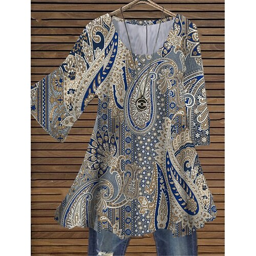 

Women's Plus Size Tops Blouse Shirt Floral Print 3/4 Length Sleeve Crewneck Casual Daily Holiday Cotton Spandex Jersey Winter Fall Blue