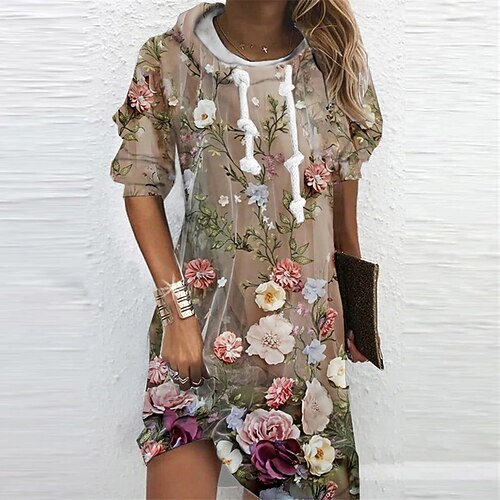 

Women's Hoodie Dress Shift Dress Short Mini Dress Khaki Long Sleeve Floral Print Fall Winter Hooded Vacation Casual 2022 S M L XL XXL 3XL