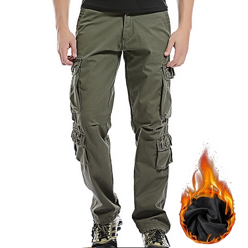 

Men's Cargo Pants Fleece Pants Patchwork Multi Pocket Solid Colored Warm Full Length Casual Daily Basic Thicken Slim Army Green Khaki Inelastic / Winter
