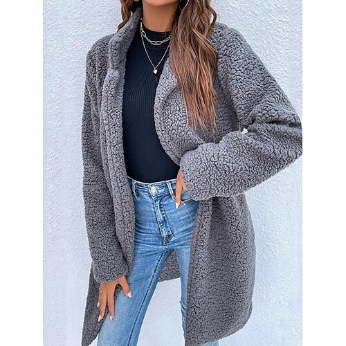 

Women's Sherpa jacket Fleece Jacket Teddy Coat Warm Breathable Outdoor Daily Wear Vacation Going out Pocket Open Front Turndown Lady Comfortable Plush Solid Color Regular Fit Outerwear Long Sleeve