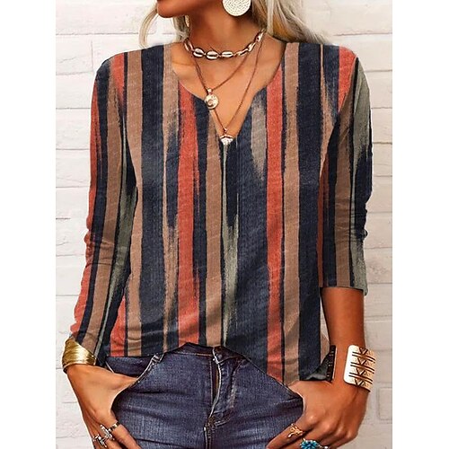 

Women's T shirt Tee Rainbow Geometric Print Long Sleeve Casual Basic Vintage V Neck Regular Painting S