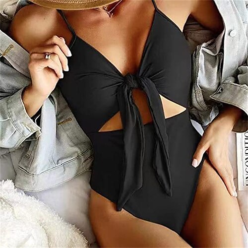 

Women's Swimwear One Piece Monokini Bathing Suits Normal Swimsuit Tummy Control Open Back High Waisted Hole Pure Color Green Red Black Plunge Bathing Suits New Vacation Casual / Sexy / Modern