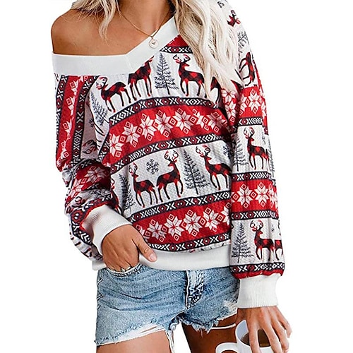 

Women's Shirt Black Wine Red Deer Santa Claus Print Long Sleeve Christmas Casual Streetwear Christmas V Neck Regular S