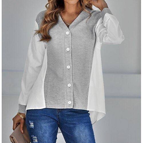 

Women's Blouse Button Front Color Block Solid / Plain Color Elegant & Luxurious Regular Spring & Fall flecking gray khaki Black