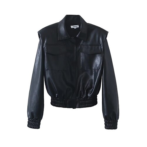 

Women's Bomber Jacket Faux Leather Jacket Waterproof Breathable Outdoor Daily Wear Vacation Going out Pocket Single Breasted Turndown Active Sports Chic & Modern Street Style Solid Color Regular Fit