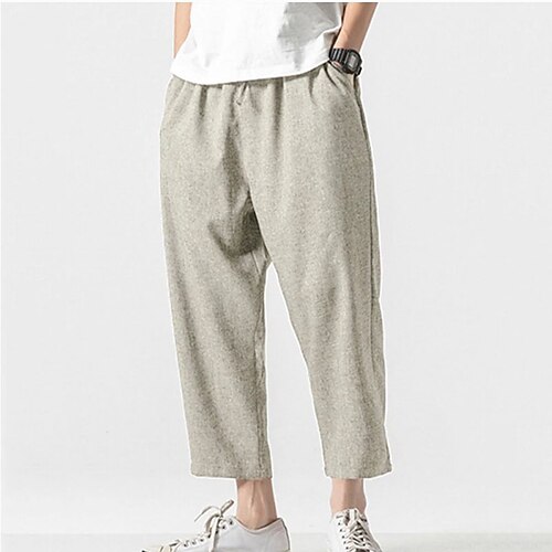 

Men's Trousers Casual Pants Drawstring Straight Leg Solid Color Comfort Breathable Full Length Daily Holiday Going out Linen / Cotton Blend Fashion Casual Khaki Light Grey Micro-elastic