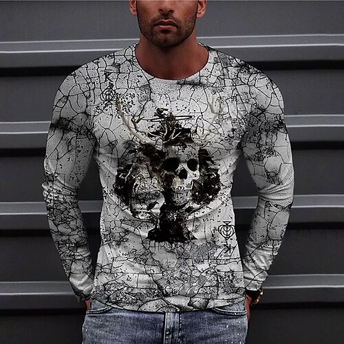 

Men's T shirt Tee Graphic Prints Poker Crew Neck Gray 3D Print World Cup Outdoor Street Long Sleeve Print Clothing Apparel Basic Sports Designer Casual