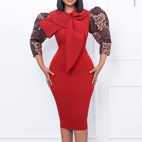 

Women's Bodycon Sheath Dress Knee Length Dress Green Blue Red Black 3/4 Length Sleeve Floral Print Fall Winter Crew Neck Stylish Modern Puff Sleeve 2022 S M L XL 2XL 3XL